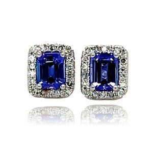 Emerald Cut Tanzanite and Diamond Stud Earrings in 18K White Gold